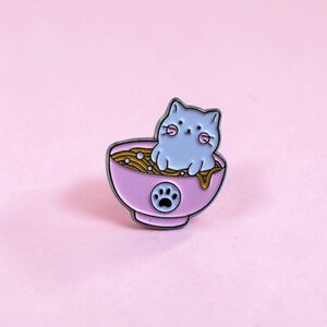 Kawaii Cat in Ramen Noodle Bowl Enamel Pin | Cute Pink Kitty Paw Lapel Badge